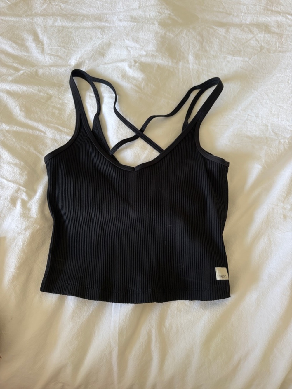 Vuori Black Ribbed Strappy Crop Tank